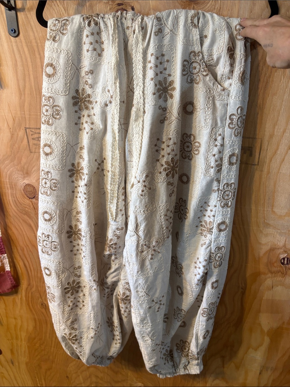 POL Cream Harem Pants with Tan Embroidered Floral Motif